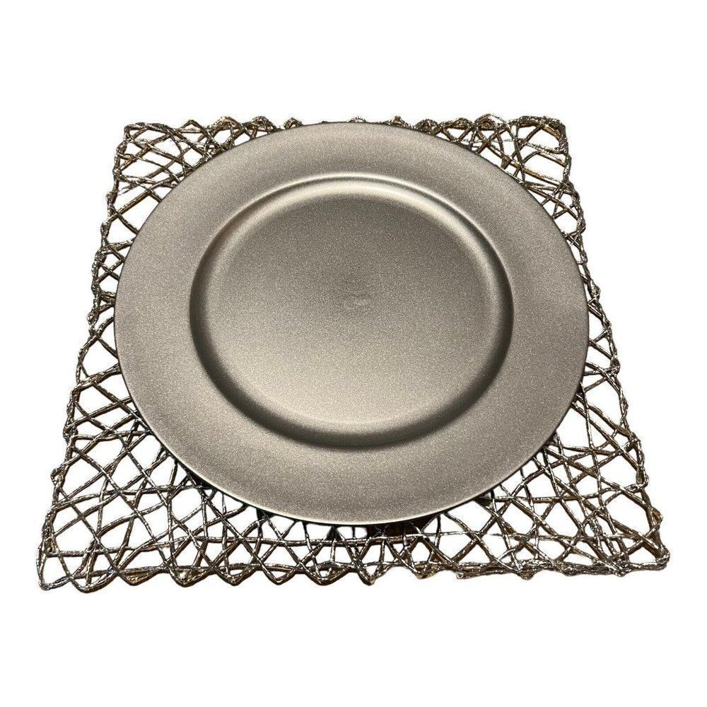 Set Silver Charger Plate Thick Plastic 13" Fancy Silver Lacework Placemat 14.5
